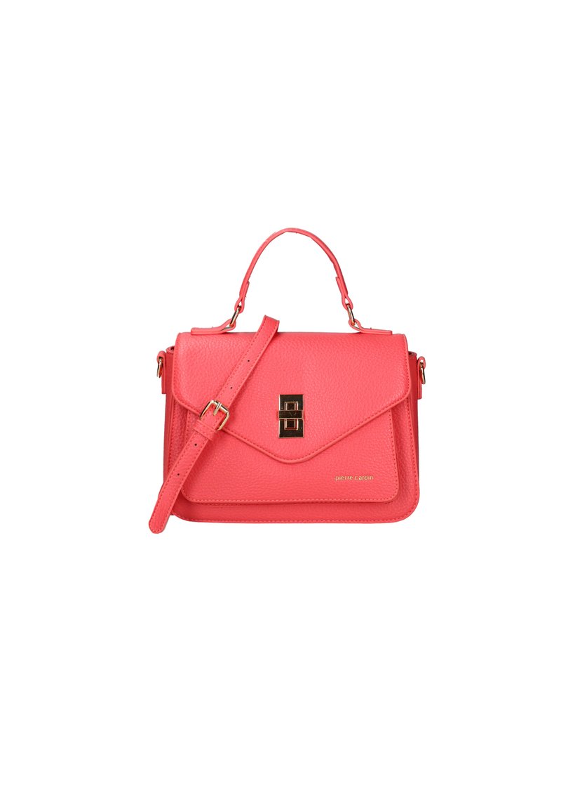 Borsa a mano in pelle corallo con texture liscia, forma rettangolare, manico superiore, tracolla rimovibile e dettaglio con chiusura dorata.