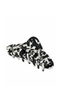 Chiusura per capelli in plastica a marmo bianco e nero, con una forma arrotondata e più denti intrecciati per una presa sicura.