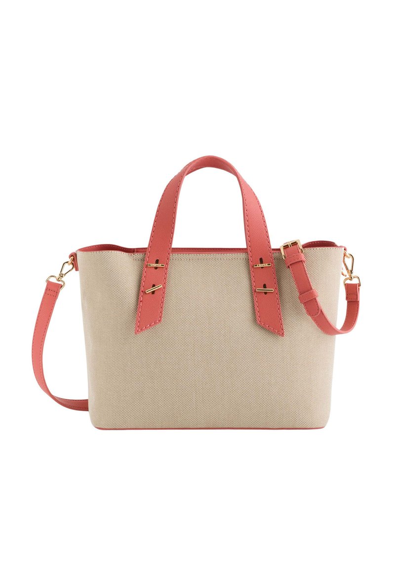 Leren draagtas van canvas in beige met koraalkleurige leren handvatten en schouderriem. Voorzien van goudkleurige hardware en een gestructureerd oppervlak. Compact rechthoekige vorm.