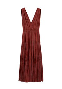 Rust-colored, sleeveless, floor-length dress with a deep V-neck and gathered, pleated fabric for a flowing design.