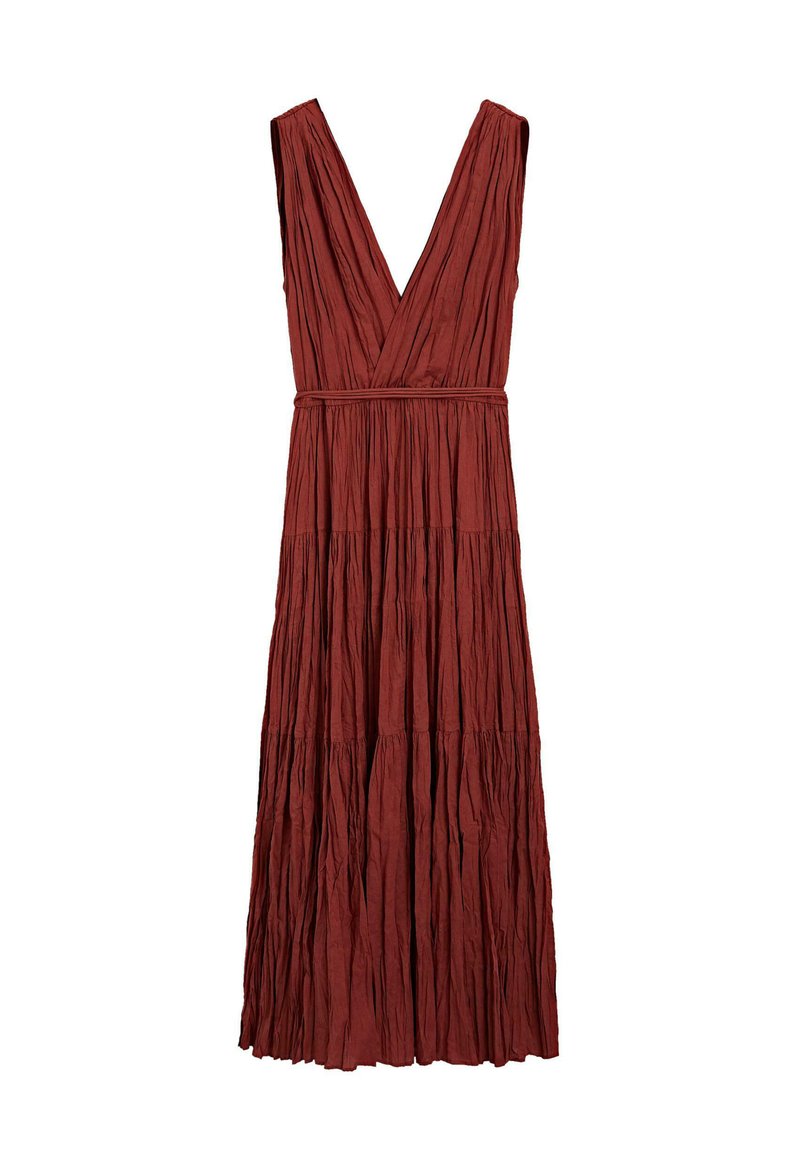 Rust-colored, sleeveless, floor-length dress with a deep V-neck and gathered, pleated fabric for a flowing design.