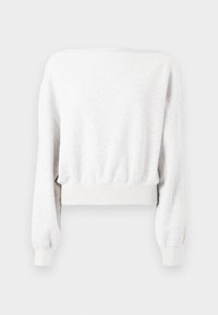 Svijetlosiva skraćena dukserica s dugim rukavima, izrađena od mekanog materijala, s okruglim izrezom i rebrastim rubovima i manžetama.