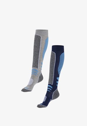 Knee-high socks in grey and navy with blue accents. Textured fabric, contrasting bands, and reinforced toe and heel areas.