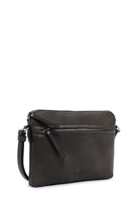 Leather crossbody bag in dark gray with a textured finish. Features a main zip compartment and front zip pocket. Adjustable strap.