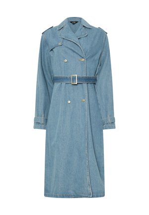 Denim trench coat in light blue with double-breasted front, belted waist, shoulder epaulettes, and wrist straps. Smooth texture, mid-length design.