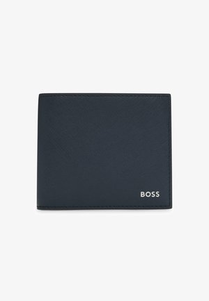 Navy leather wallet with a textured surface; features subtle stitching and a small silver logo on the lower right corner.