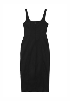 Abito nero aderente con spalline larghe, scollatura quadrata e una cucitura centrale sul davanti, realizzato in un tessuto morbido.