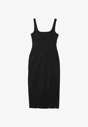 Abito nero aderente con spalline larghe, scollatura quadrata e una cucitura centrale sul davanti, realizzato in un tessuto morbido.