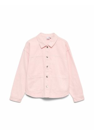 Šviesiai rožinė apsauginė striukė su apykakle, ilgomis rankovėmis, dviem priekinėmis kišenėmis ir metaliniais spaudžiamais užtrauktukais, išdėstyta ant balto fono.