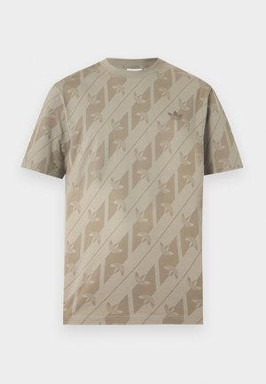 Beige short-sleeve t-shirt with diagonal stripes and repeated trefoil logo pattern in slightly darker shade.