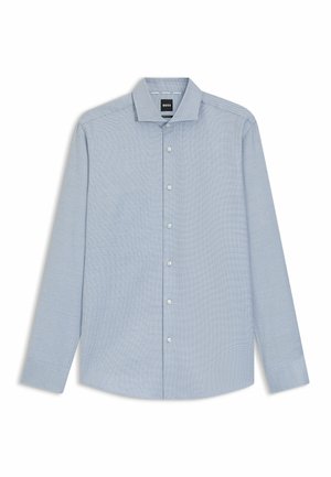 Light blue long-sleeve shirt with a button-down collar, textured fabric, and contrasting light buttons along the front placket.