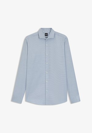 Light blue long-sleeve shirt with a button-down collar, textured fabric, and contrasting light buttons along the front placket.