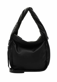 Borsa a spalla in pelle nera con tracolla intrecciata, texture morbida e chiusura con zip. Presenta un design elegante con un marchio discreto sul fronte.