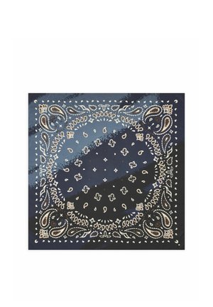 Square dark blue bandana with white and beige paisley and floral patterns arranged in concentric circles and corners.