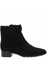 Stivale alla caviglia in suede nero con punta arrotondata, zip laterale, tacco basso a blocco e dettagli cuciti lungo i lati. Texture liscia complessiva.