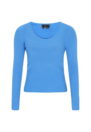 Langärmliges blaues Rippstrickoberteil mit U-Boot-Ausschnitt und figurbetontem Schnitt. Glatte Textur und leichtes Material. Größenschild sichtbar.