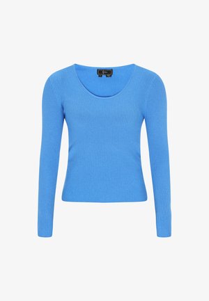 Langærmet blå ribstrikket top med scoop-udskæring og tætsiddende silhuet. Glat tekstur og let materiale. Størrelsesmærkat synligt.