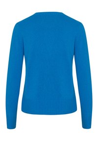 Blauer Strickpullover mit langen Ärmeln, gerippten Bündchen und Saum sowie einem runden Ausschnitt. Glatte Textur, gleichmäßige Farbe im gesamten Pullover.