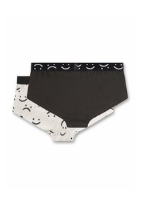 Due coppie di slip, una nera con una cintura a fascia con faccine sorridenti, e l'altra bianca con faccine sorridenti nere su tutta la superficie.