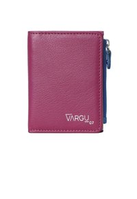 Portafoglio in pelle viola con un compartimento con zip blu. Presenta un marchio impresso e cuciture visibili lungo i bordi. Design compatto a forma quadrata.