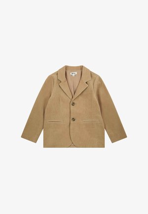 Blazer de pana color beige con solapa con muesca, dos bolsillos delanteros y cierre de dos botones. Tejido texturizado con un forro interior suave.