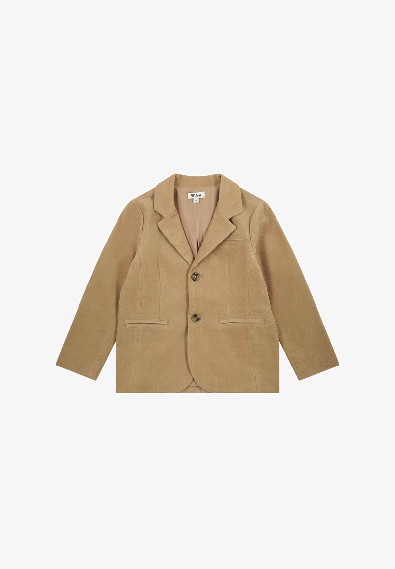 Hellbrauner Cordblazer mit Reverskragen, zwei Vordertaschen und einem Doppelknopfverschluss. Strukturierter Stoff mit glattem Innenfutter.