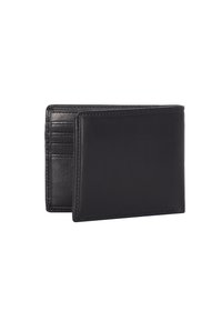 Billetera de cuero negro con una textura suave, que cuenta con múltiples ranuras para tarjetas en un lado y una superficie plana en el lado opuesto.