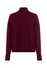 Bordeauxfarbener Rollkragenpullover mit gerippter Textur, überschnittenen Schultern und Knopfdetails an den Bündchen. Strickstoff und lockere Passform.