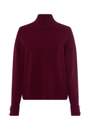 Bordeauxfarbener Rollkragenpullover mit gerippter Textur, überschnittenen Schultern und Knopfdetails an den Bündchen. Strickstoff und lockere Passform.