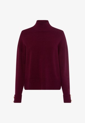 Bordeauxfarbener Rollkragenpullover mit gerippter Textur, überschnittenen Schultern und Knopfdetails an den Bündchen. Strickstoff und lockere Passform.