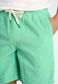 Pantaloni corti in velluto a coste verde con un motivo testurizzato, dotati di chiusura a coulisse e tasche laterali, esposti su uno sfondo chiaro.