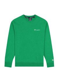 Zelená bavlněná mikina s dlouhými rukávy, kulatým výstřihem a žebrovanými manžetami. Obsahuje malé bílé logo Champion na hrudi a na rukávu.