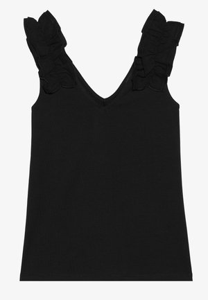Black sleeveless top with a V-neckline, featuring frilled accents on the shoulders and a soft, lightweight fabric.