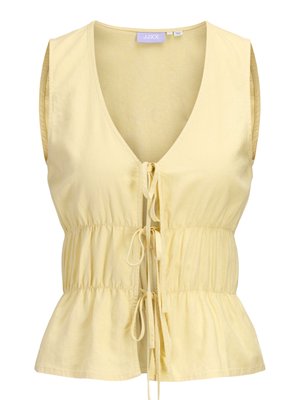 Αμάνικο ανοιχτό κίτρινο μπλουζάκι με βαθύ V-λαιμόκοψη, τρία μπροστινά κλεισίματα με κορδόνι, σφιχτή μέση και ελαφρώς φαρδύ τελείωμα.