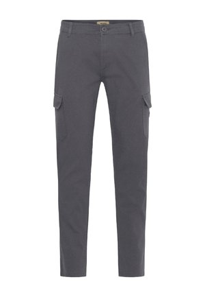 Gray cargo pants made of cotton, featuring side pockets, a straight leg design, button closure, and belt loops. Soft texture with minimal stitching.
