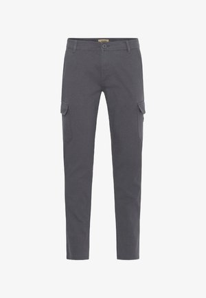 Gray cargo pants made of cotton, featuring side pockets, a straight leg design, button closure, and belt loops. Soft texture with minimal stitching.