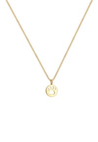 Collana d'oro con catena testurizzata e un pendente rotondo che presenta un design a forma di impronta di zampa ritagliata.
