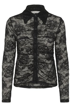 Sort bluse i blonder med lange ærmer, krave og knaplukning foran. Har blomster mønstre og teksturerede detaljer overalt.