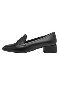 Svarta läderloafers med spetsig tå och liten blockklack. Har ett sydd accentdetalj på ovansidan för extra textur.