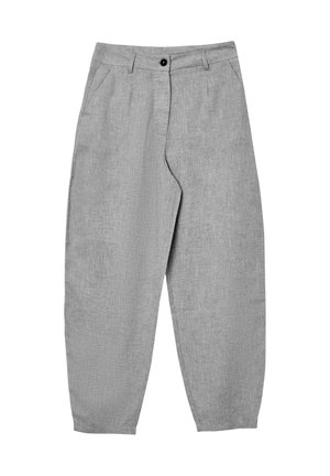 Graue, leichte Hose aus strukturiertem Stoff, mit vorderen Taschen, einem einzigen Knopfverschluss und einem entspannten Schnitt, der zu den Knöcheln hin verläuft.