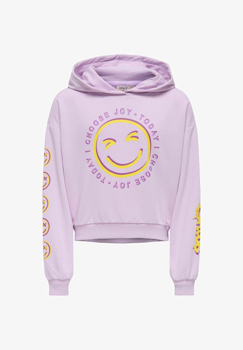 Heledast lillast puuvillast lühike kapuutsiga sviiter. Sellel on keskel kollane naeratav nägu ja tekst "VALIN TÄNA RÕÕMU" ning naeratavad näod varrukatel.