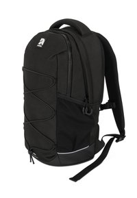 Zaino nero con un esterno in tessuto morbido, tasca laterale in rete, dettaglio con cordino elastico e spallacci regolabili imbottiti.