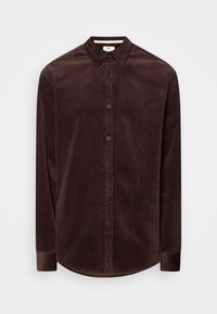 Hnědá manšestrová košile s límečkem na knoflíky, s dlouhými rukávy a předním pásem s černými knoflíky. Texturovaná látka s jemným leskem.