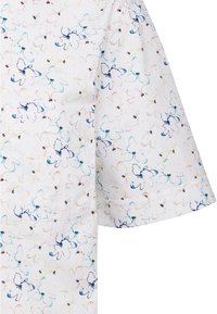 Tessuto bianco con un motivo floreale colorato caratterizzato da accenti blu, gialli e rosa. Maniche corte e una texture morbida e leggera.