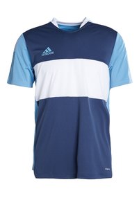 Adidas sportströja med en marinblå kropp, ljusblå ärmar och en vit horisontell rand. Tillverkad av lätt tyg med en V-ringning.