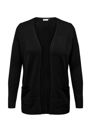 Black knitted cardigan with an open front, long sleeves, and two front pockets. Smooth texture, ribbed cuffs, and hem detail.