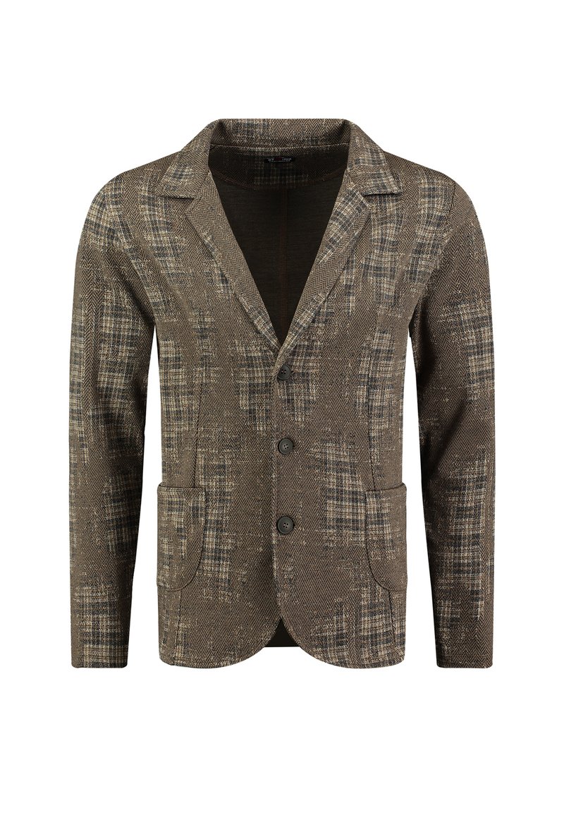 Blazer de espiga marrón con un patrón de cuadros, que presenta un diseño de un solo botón, solapas muesca y dos bolsillos delanteros.