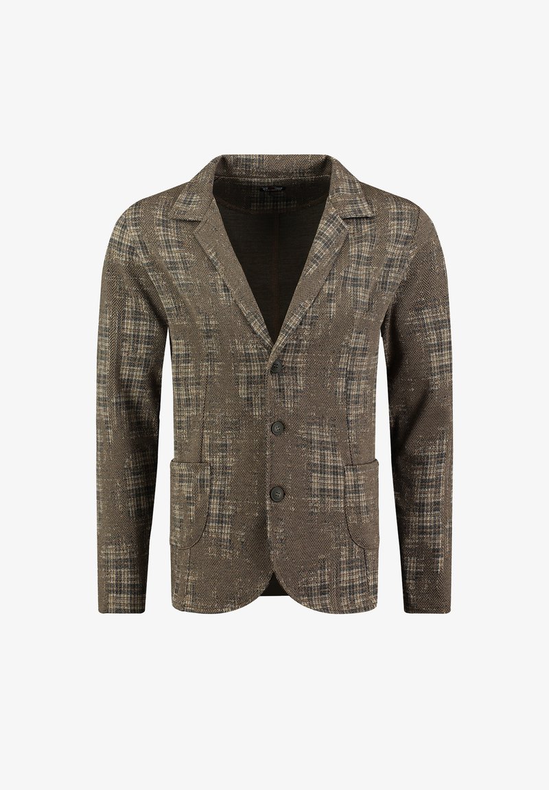 Blazer marrone a spina di pesce con motivo a scacchi, caratterizzato da un design a un bottone, rever a punta e due tasche frontali.