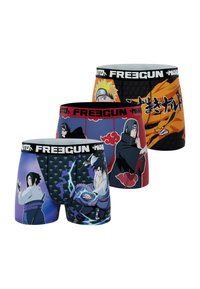 Trois paires de boxers pour hommes mettant en vedette des personnages d'anime vibrants. Le matériau est lisse, avec des bandes élastiques et des designs colorés distincts.