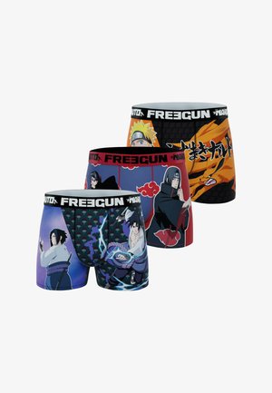 Trois paires de boxers pour hommes mettant en vedette des personnages d'anime vibrants. Le matériau est lisse, avec des bandes élastiques et des designs colorés distincts.